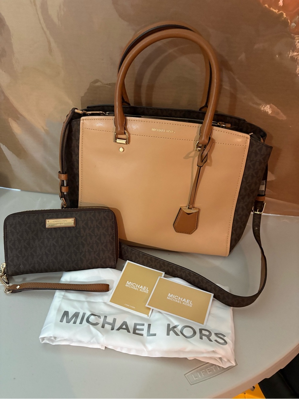 Michael Kors Tan and Brown Leather Satchel with Wallet
